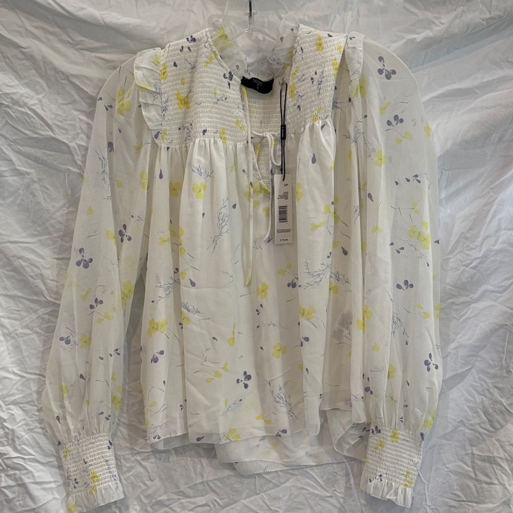 Tahari White Blouse with Yellow and Purple Floral Design